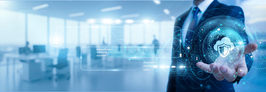IT engineer holding cloud security screen showing data growth graph with cyber protection, network safety, online storage, encryption system, secure server concept.