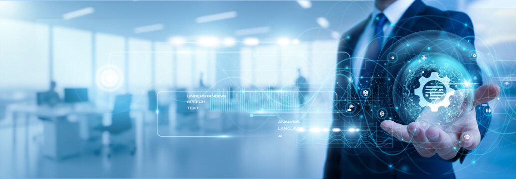Scientist holding natural language processing system showing AI growth graph with text analysis, speech recognition, machine learning, smart communication, language technology concept.