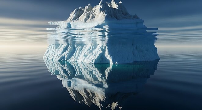 A majestic white iceberg floating in the calm deep blue ocean with a clear mirror-like reflection. iceberg metaphor 
