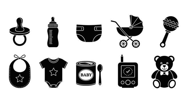 Collection of flat black icons representing baby essentials and care items including a pacifier bottle diaper stroller