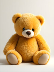 Fototapeta premium Golden teddy bear sitting on white surface
