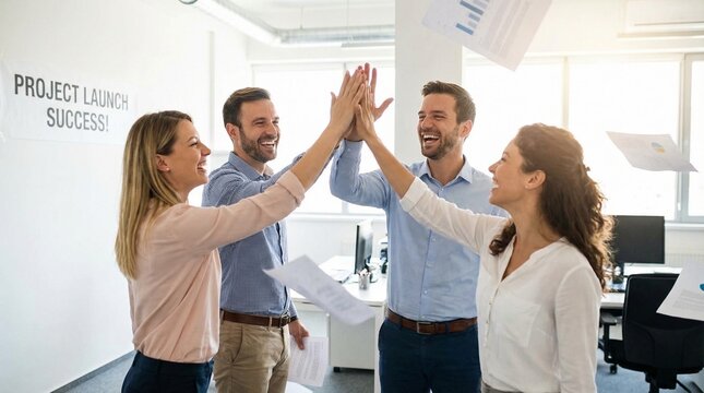 Happy diverse business team giving high five celebrating project success in modern office