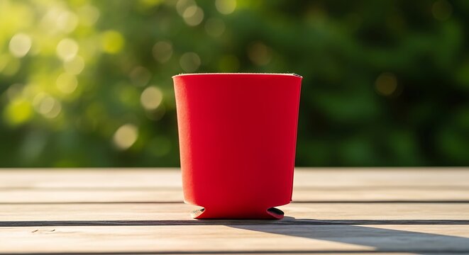 A vibrant red neoprene drink cooler sleeve sitting empty on a wooden table in a garden setting. koozie mockup
