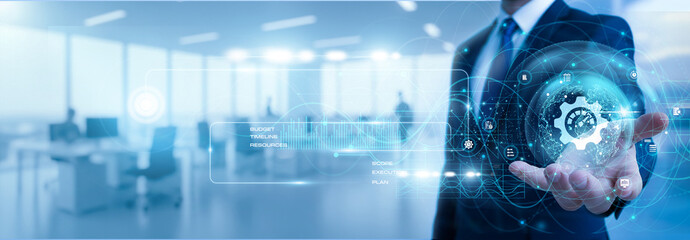 Project manager holding project management plan showing progress growth graph with task control, team work, schedule planning, business strategy, workflow process, management concept. © CyberFrame