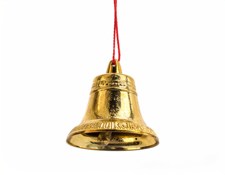 Single shiny golden bell hanging by a red string against white