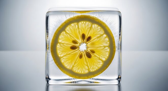 A vibrant yellow slice of fresh lemon perfectly encased within a clear and solid square ice cube. kostka lodu