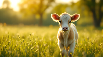 Obraz premium Calf in grassy field at sunset