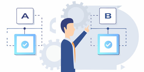 Man interacting with digital interfaces and choosing between options a and b © Delip