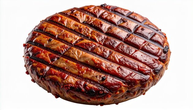 Grilled meat patty with charred grill marks on white background