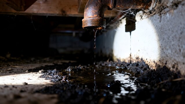 Leaking Rusted Cast Iron Sewer Pipe in Damp Crawlspace with Mud