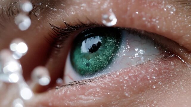 Detailed close-up of an eye with water droplets and vibrant green iris reflecting light and surroundings