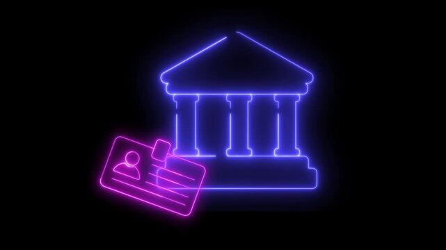 Neon light effect animation of a bank icon with an ID card. The modern, digital aesthetic suggests financial services or identity verification.