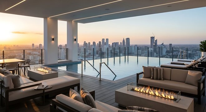 Rooftop pool with seating area and city skyline
