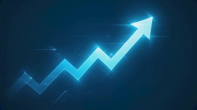 Glowing blue arrow graph showing rapid growth and success on dark background for business and technology