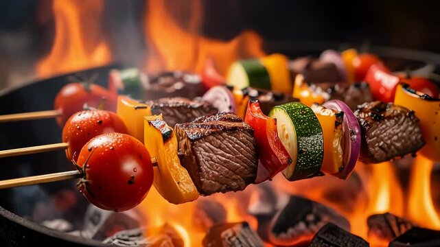 Savor vibrant colors and sizzling sounds of grilled beef and vegetables on skewers in stunning 4K