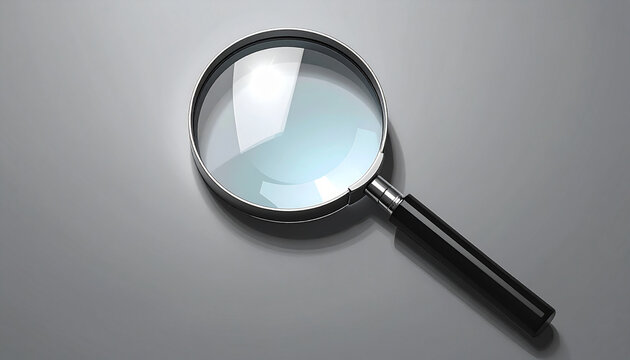 Magnifying glass on a gray surface for inspection and analysis