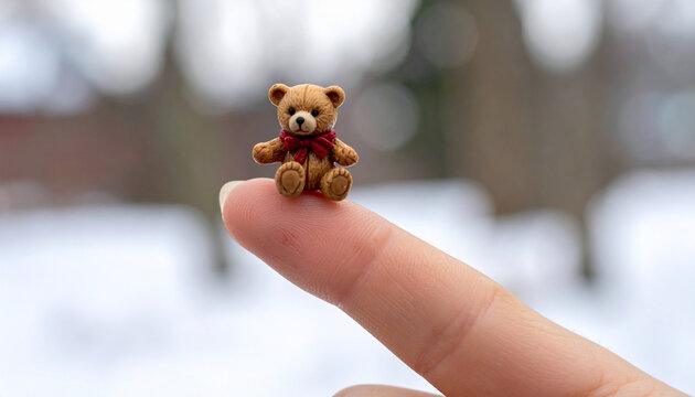 Tiny teddy bear sitting on finger against blurred background