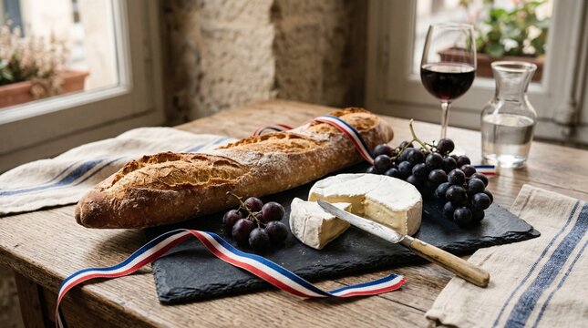 Freshly baked French baguette resting on a slate board with creamy Camembert, purple grapes, a vintage cheese knife, and a tricolor ribbon.