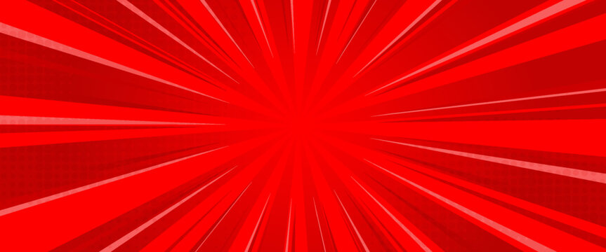 Abstract Red Comic Book Style Sunburst Background with Dynamic Speed Lines and Halftone Dot Pattern, Vibrant Retro Manga Backdrop for Superhero Promotion and Sale Banner Design
