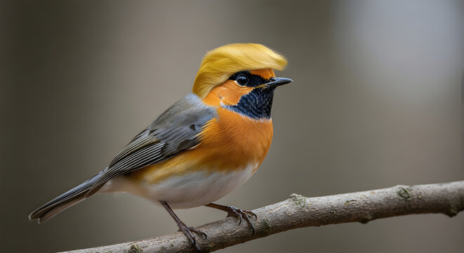 Funny bird with unique blonde hairstyle perched on a branch