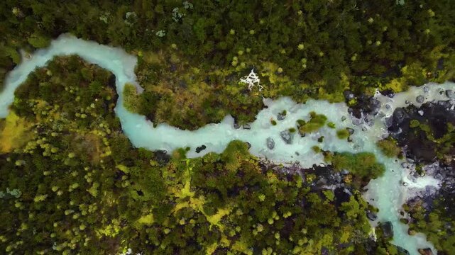Top-down view of a milky turquoise river winding through green paramo with scattered frailejon plants and mossy rocks near thermal springs at Purace, Cauca.