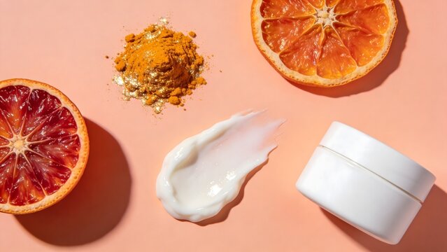Vitamin C Skincare Ingredients Flat Lay with Blank Cosmetic Jar
