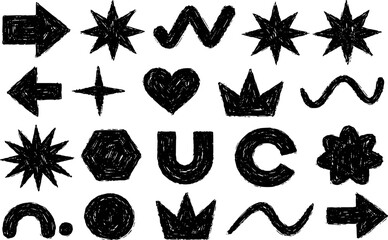 Obraz premium Collection of Hand Drawn Black Symbols Arrows Stars Hearts Crowns and Shapes White