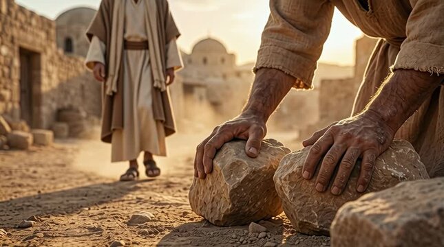 Rugged Hands Picking Up Stones Near Jesus