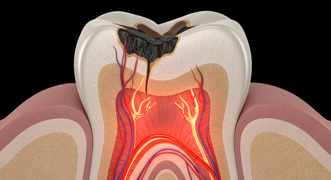 Human tooth cross section showing deep cavity and nerve pain