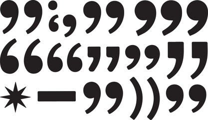 Quotation mark icons, punctuation symbols, typography elements, black vector graphics © Jihadul