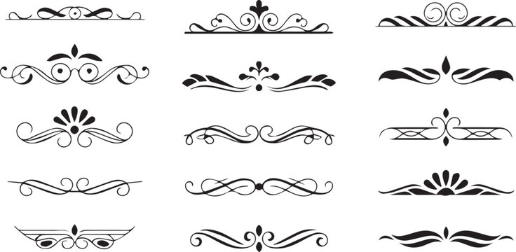 Ornate dividers, black floral borders, swirl vector set, decorative elements