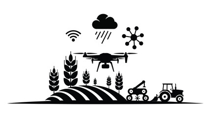 A minimalist illustration depicting a drone over farmland with weather elements © SHYFUL_STUDIO