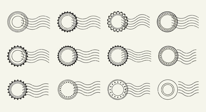 Set of circular postage stamps with wave lines, representing mail and postal services