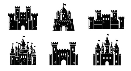 Obraz premium Collection of diverse ancient fortress icons illustrating historical medieval castle architecture and fairytale strongholds for various design applications