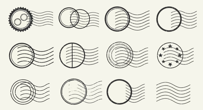 Vintage Postage Stamp Cancellation Marks Vector Set - Classic Mail Postmark Collection with Waving Lines and Geometric Shapes