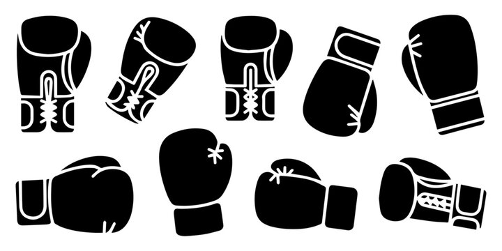 black silhouette Various boxing gloves icon set vector, Set of four boxing glove icons presented in various artistic styles such as hand-drawn sketch, simple outline, solid black silhouette