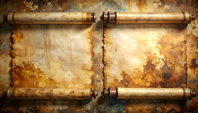 Aged parchment scrolls with copy space for historical documents and designs