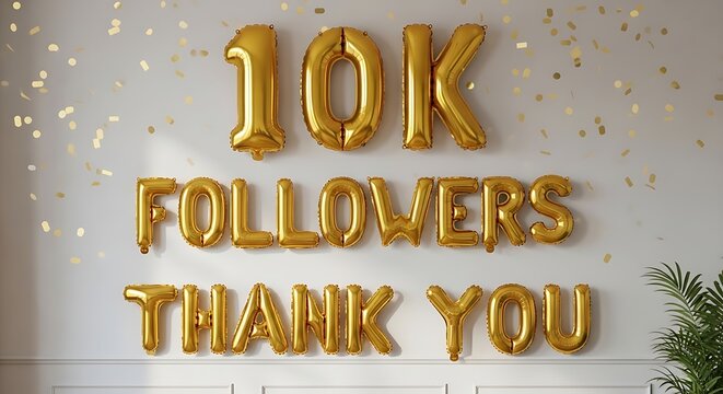 Golden balloons celebrating 10k followers on social media with a decorative background