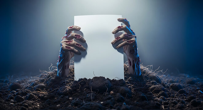 Decaying undead hands emerge from the grave holding a blank message for your spooky Halloween design