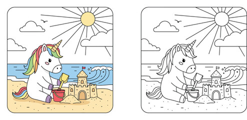 Unicorn Building a Sandcastle on the Beach Coloring Page for Kids, Cute Magical Creature with Rainbow Mane, Summer Vacation Activity, Black and White Line Art and Colored Illustration © MSTA