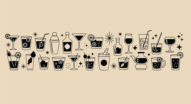 Midcentury modern cocktail bar icons set, retro vector illustration of various alcoholic drinks, glassware, and bar tools in a vintage 1950s style with starburst accents