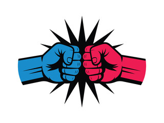 A striking image depicting a clash between red and blue fists
