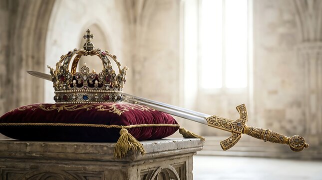 Royal crown and ornate sword resting on a velvet cushion in a stone cathedral, symbolizing power, monarchy, and historical authority