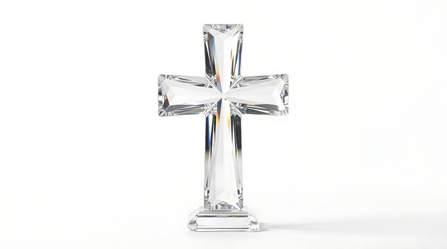 A beautiful, elegant, and clear crystal cross standing on a base, isolated on white background