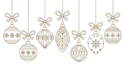 Delicate line art illustration of hanging christmas ornaments in brown tones © Pixel Loft