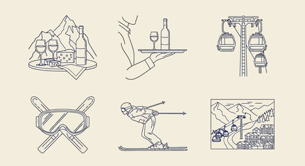 Set of winter vacation icons, alpine skiing resort, mountain landscape with wine and cheese, ski equipment, gondola lift, and a waiter serving drinks, line art vector illustration © Hikari Vector Studio
