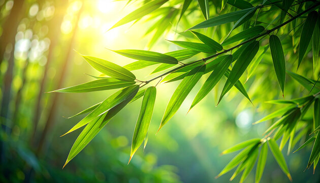 Close up of vibrant green bamboo leaves in bright sunlight nature background