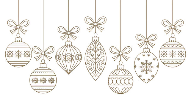 Delicate line art illustration of hanging christmas ornaments in brown tones