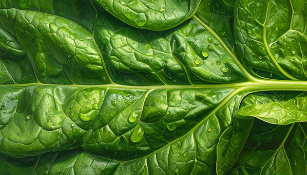 Close up of vibrant green spinach leaf with water droplets and texture