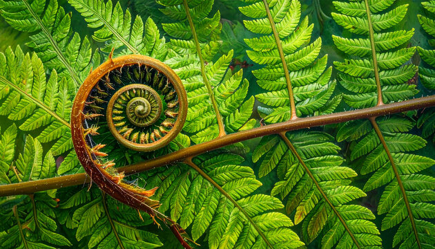 Close up of unfolding fern frond revealing intricate spiral and lush green leaves
